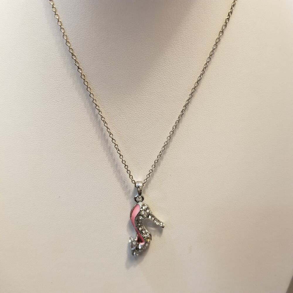 Fashion jewelry necklace high heel silver tone with rhinestones pink insole 16"